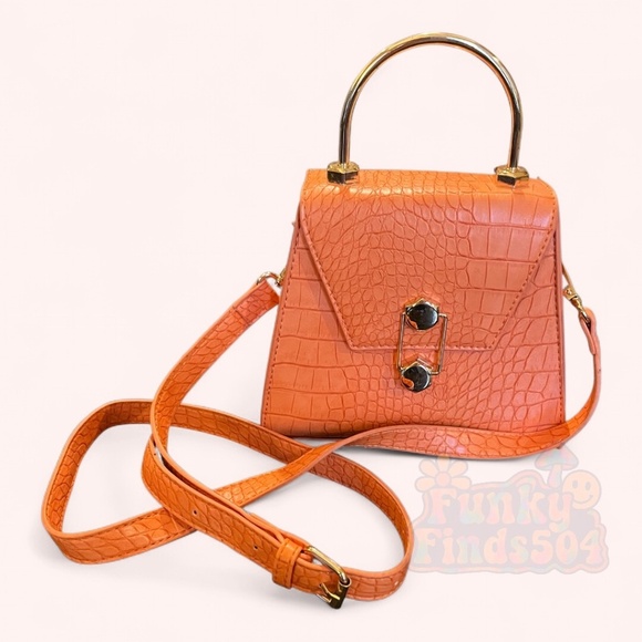 Badgley Mischka Orange Croc-Embossed Vegan Leather Mini Tote w/ Crossbody Strap - Picture 10 of 11